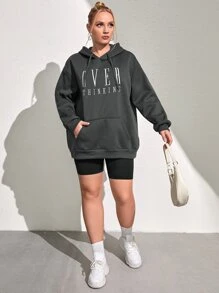SHEIN EZwear Plus Size Letter Graphic Kangaroo Pocket Drop Shoulder Drawstring Thermal Sweatshirt - Dark Grey - View 5