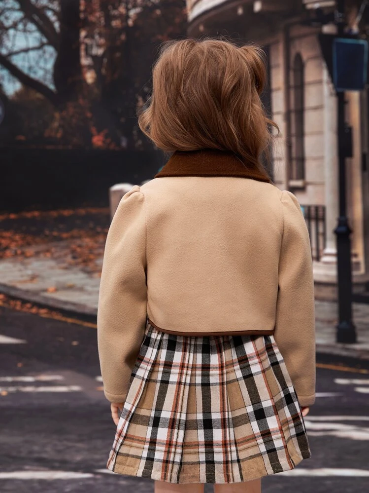 SHEIN Young Girl Contrast Collar Puff Sleeve Jacket & Plaid Pleated Skirt - Multicolor - View 2