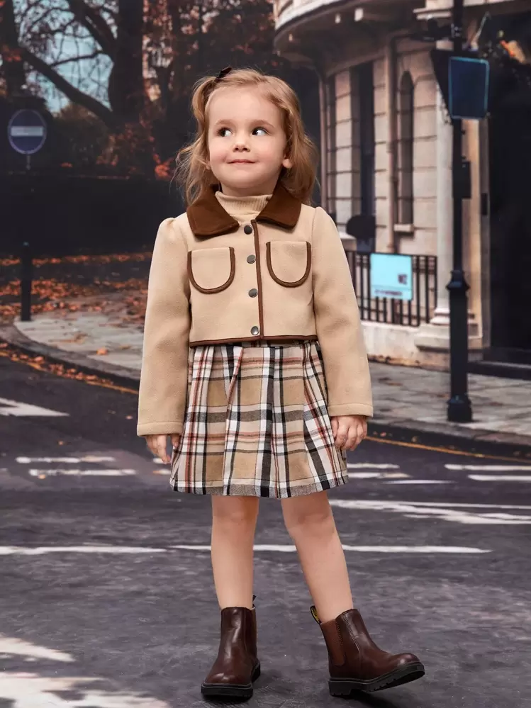 SHEIN Young Girl Contrast Collar Puff Sleeve Jacket & Plaid Pleated Skirt - Multicolor - View 3