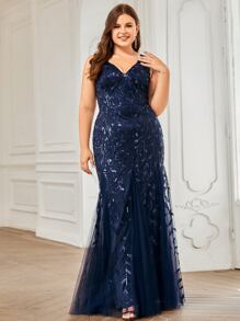 EVERPRETTY Plus Sequin Plants Detail Mesh Prom Dress Elegant Formal Evening Wedding Guest Gown, For Graduation, Dinner - Navy Blue - View 1