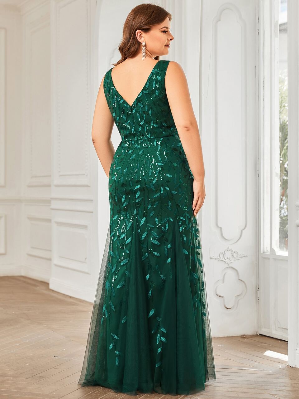 EVERPRETTY Plus Sequin Plants Detail Mesh Prom Dress