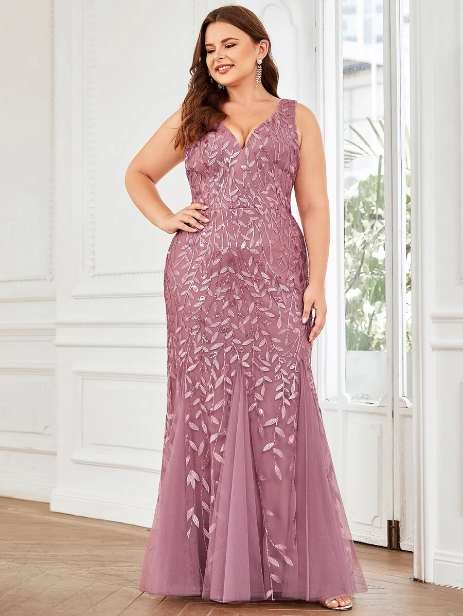 EVERPRETTY 大碼亮片植物細節網紗舞會連衣裙 - 藕粉色 - 查看 1