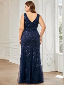 EVERPRETTY Plus Sequin Plants Detail Mesh Prom Dress Elegant Formal Evening Wedding Guest Gown, For Graduation, Dinner - Navy Blue - View 2
