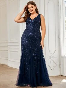 EVERPRETTY Plus Sequin Plants Detail Mesh Prom Dress Elegant Formal Evening Wedding Guest Gown, For Graduation, Dinner - Navy Blue - View 4