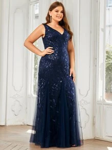 EVERPRETTY Plus Sequin Plants Detail Mesh Prom Dress Elegant Formal Evening Wedding Guest Gown, For Graduation, Dinner - Navy Blue - View 5