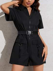 SHEIN Essnce Gorpcore Grey  Drawstring Waist  Zip Up Parachute Jumpsuit - Black - View 1