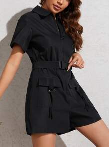 SHEIN Essnce Gorpcore Grey  Drawstring Waist  Zip Up Parachute Jumpsuit - Black - View 3