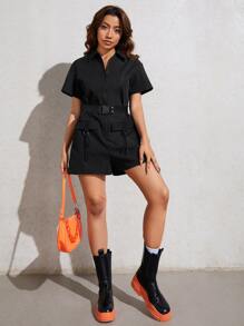 SHEIN Essnce Gorpcore Grey  Drawstring Waist  Zip Up Parachute Jumpsuit - Black - View 4