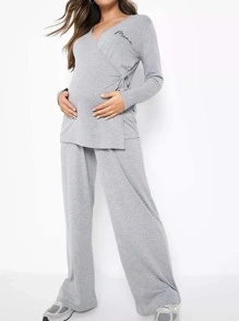 SHEIN Maternity Letter Graphic Wrap Knot Side Adjustable Elastic Waist Lounge Set - Light Grey - View 1