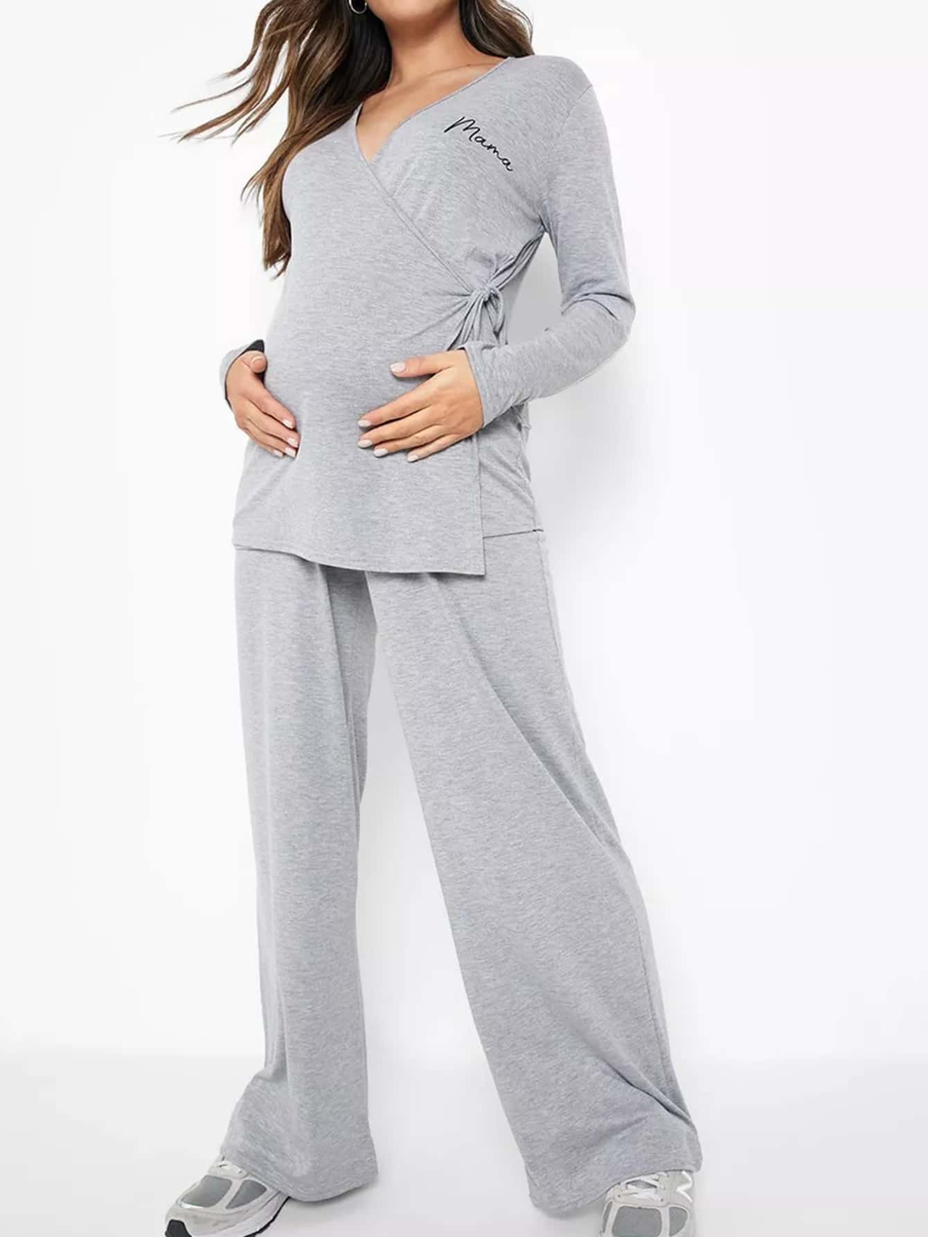 SHEIN Maternity Letter Graphic Wrap Knot Side Adjustable Elastic Waist Lounge Set - Light Grey - View 1