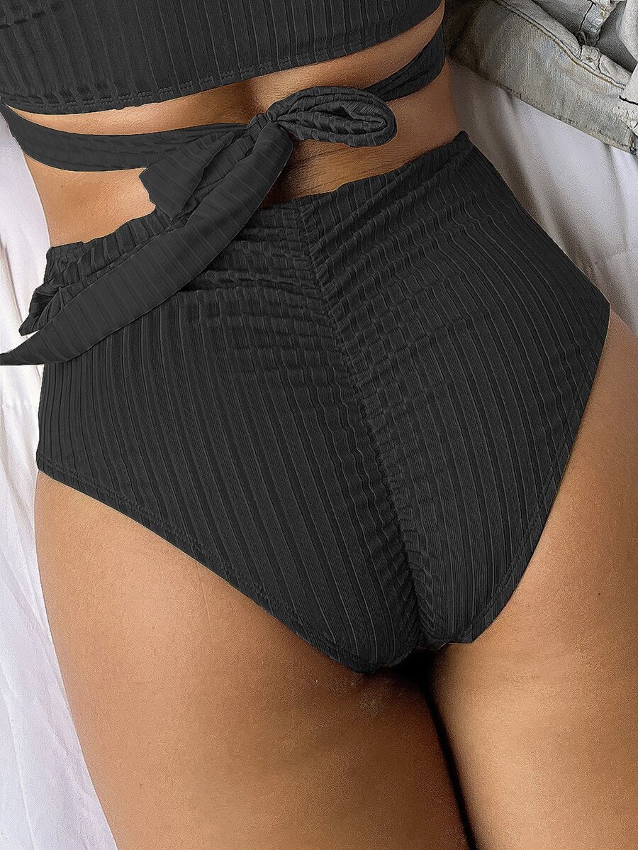SHEIN Swim Summer Beach Ruched High Waist Bikini Bottom - Black - View 1