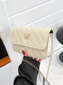 Mini Butterfly Decor Textured Flap Hobo Bag - Beige - View 3