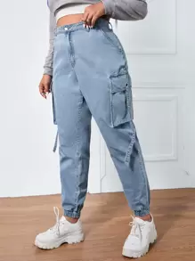 SHEIN Plus Flap Pocket Cargo Jeans - Light Wash - View 1