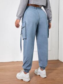 SHEIN Plus Flap Pocket Cargo Jeans - Light Wash - View 2