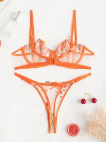 Set de lencería labio & con bordado floral de malla con aro - Naranja - Ver 4
