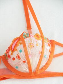 Set de lencería labio & con bordado floral de malla con aro - Naranja - Ver 7