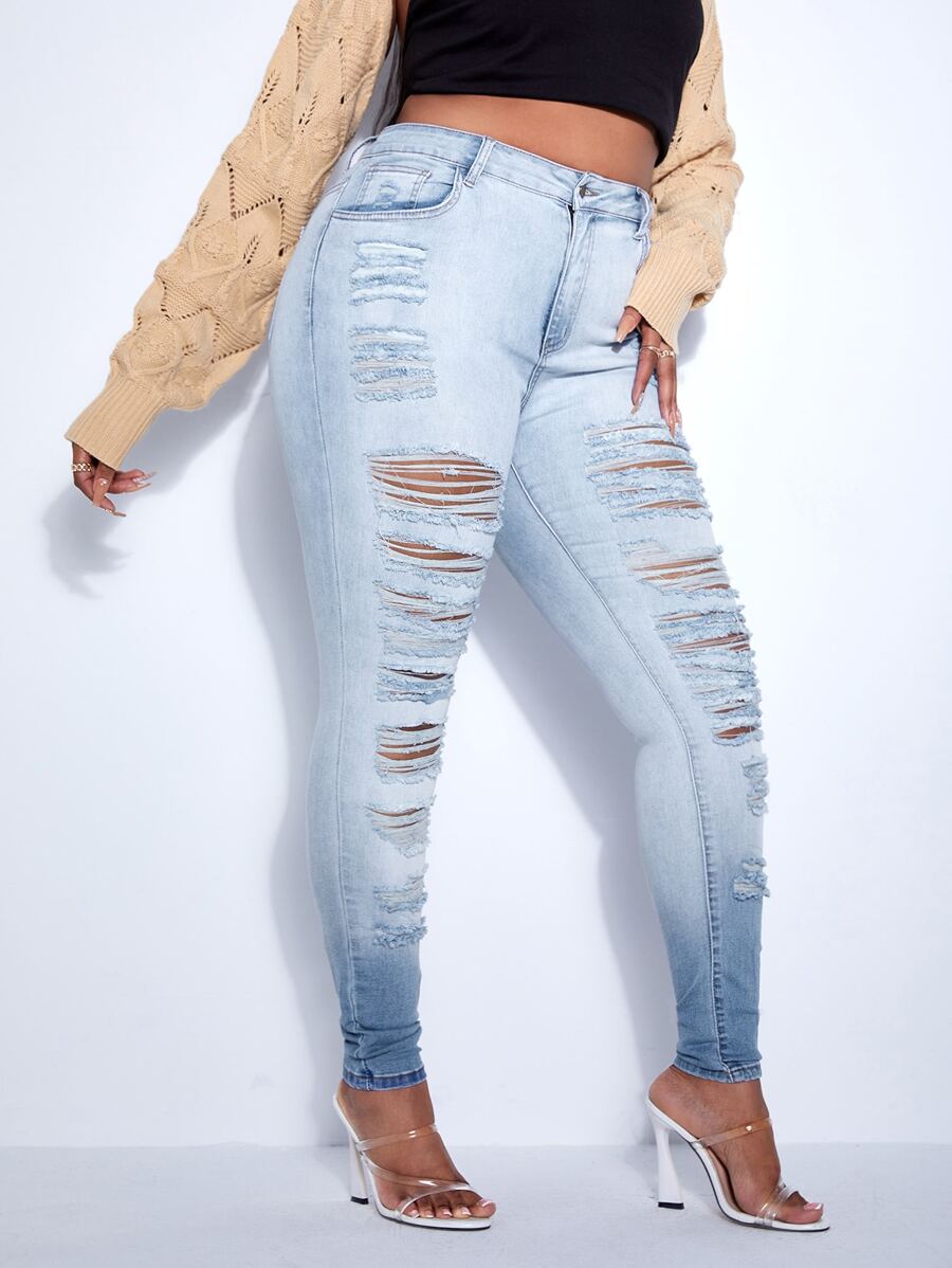 SHEIN SXY 大碼破洞緊身牛仔褲 - 淺色水洗藍 - 查看 1