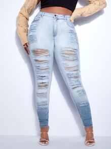 SHEIN SXY 大碼破洞緊身牛仔褲 - 淺色水洗藍 - 查看 4