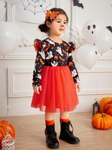 小女童萬聖節南瓜和幽靈圖案荷葉邊網紗邊連衣裙 - 彩色 - 查看 1