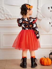 小女童萬聖節南瓜和幽靈圖案荷葉邊網紗邊連衣裙 - 彩色 - 查看 2