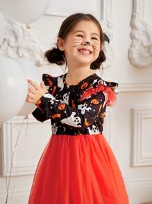 小女童萬聖節南瓜和幽靈圖案荷葉邊網紗邊連衣裙 - 彩色 - 查看 6