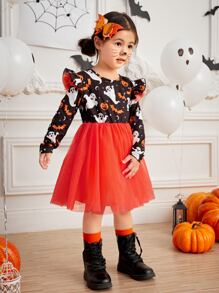 小女童萬聖節南瓜和幽靈圖案荷葉邊網紗邊連衣裙 - 彩色 - 查看 7