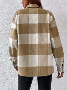 Buffalo Plaid Print Drop Shoulder Flap Pocket Tweed Overcoat - Khaki - View 5