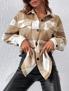 Buffalo Plaid Print Drop Shoulder Flap Pocket Tweed Overcoat - Khaki - View 6