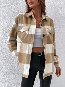 Buffalo Plaid Print Drop Shoulder Flap Pocket Tweed Overcoat - Khaki - View 3