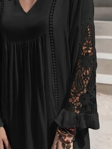 Rusttydustty Đầm Tương phản ren Xù màu trơn Boho - màu đen - Xem 4