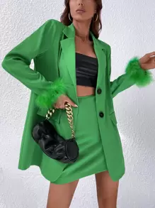 SHEIN Privé Fuzzy Cuff Single Breasted Blazer & Skirt - Green - View 1