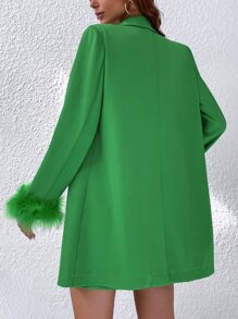 SHEIN Privé Fuzzy Cuff Single Breasted Blazer & Skirt - Green - View 2