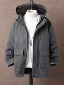 SHEIN 男孩1入組翻蓋口袋拉鍊連帽粗花呢花呢外套 - 深灰色 - 查看 1