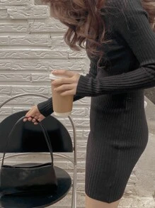 DAZY Solid Ribbed Knit Bodycon Jumper Dress - Black - View 5