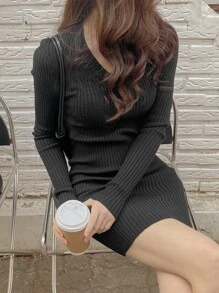 DAZY Solid Ribbed Knit Bodycon Jumper Dress - Black - View 8