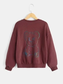 SHEIN Girls Reflective Cartoon Graphic Drop Shoulder Pullover - Redwood - View 2