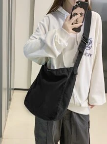 Túi vải đeo vai giải trí màu trơn thời trang Unisex, túi đeo vai cho trường học - màu đen - Xem 2