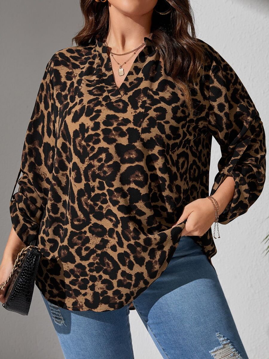 SHEIN VCAY Plus Leopard Print Roll Tab Sleeve Blouse - Multicolor - View 1