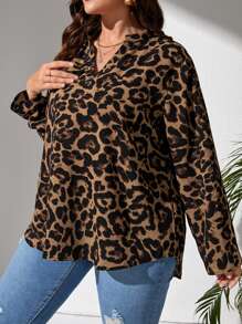 SHEIN VCAY Plus Leopard Print Roll Tab Sleeve Blouse - Multicolor - View 4