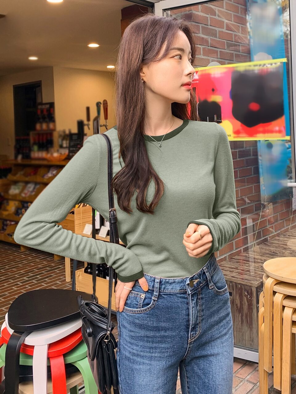Round Neck Contrast Binding Tee Long Sleeve Women