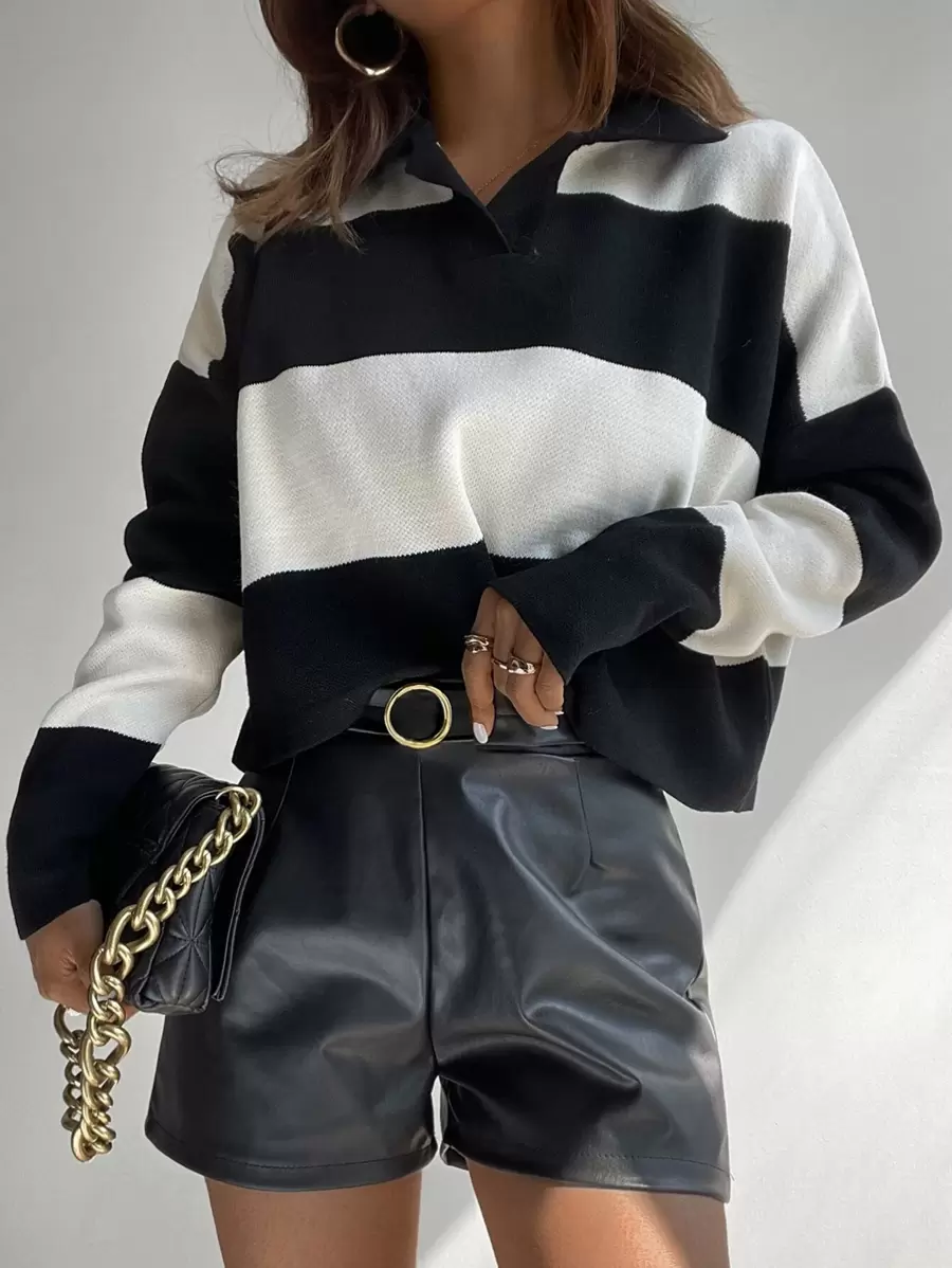 EURMUSE Colourblock Drop Shoulder Crop Jumper - Black and White - View 1