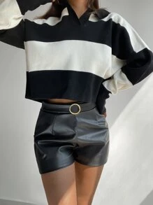 EURMUSE Colourblock Drop Shoulder Crop Jumper - Black and White - View 4