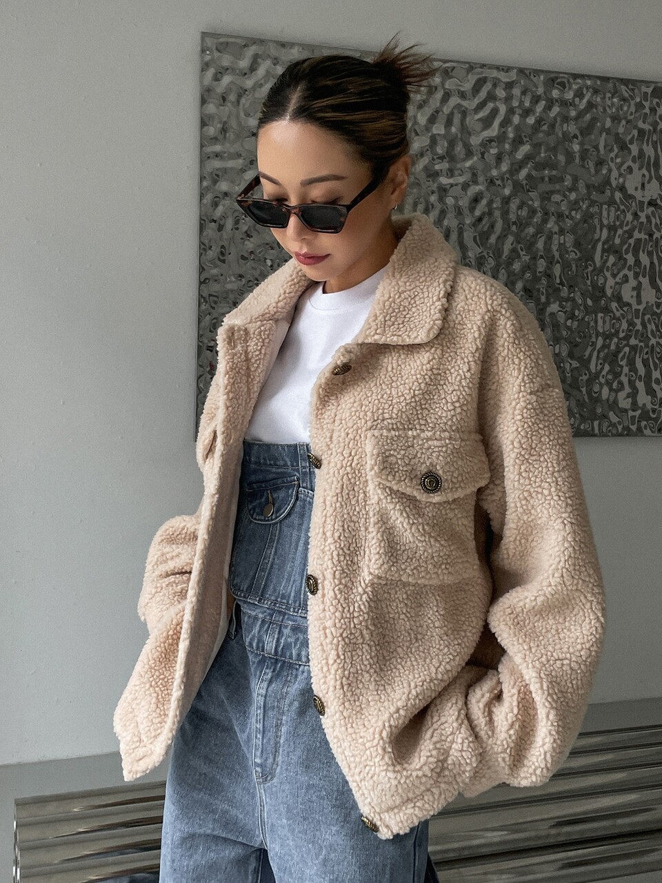 Drop Shoulder Flap Pocket Teddy Jacket