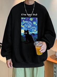 Claim Dot Men Slogan & Figure Graphic Drop Shoulder Pullover - Black - View 1