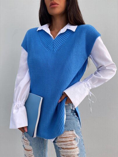 EURMUSE Solid V Neck Split Hem Sweater Vest