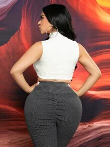 SHEIN SXY Ruched Rib Knit Leggings - Dark Grey - View 2