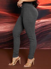 SHEIN SXY Ruched Rib Knit Leggings - Dark Grey - View 3