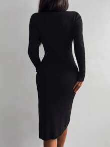 EURMUSE Solid Ribbed Double Button Front Surplice Front Bodycon Jumper Dress - Black - View 2