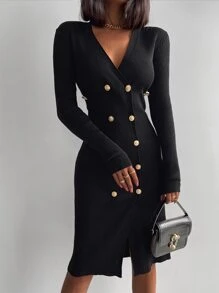 EURMUSE Solid Ribbed Double Button Front Surplice Front Bodycon Jumper Dress - Black - View 4