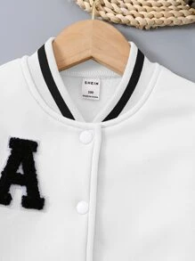 Young Boy's Color Block Fleece Button Jacket With Letter Design - Black and White - View 3